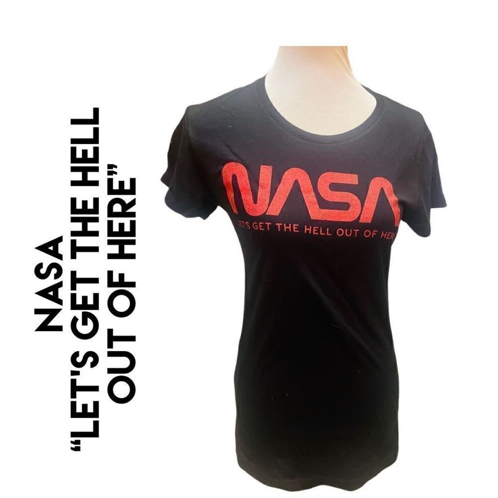 NASA Women’s “Let’s Get the Hell Out of Here” Headline Black Graphic T-Shirt Siz